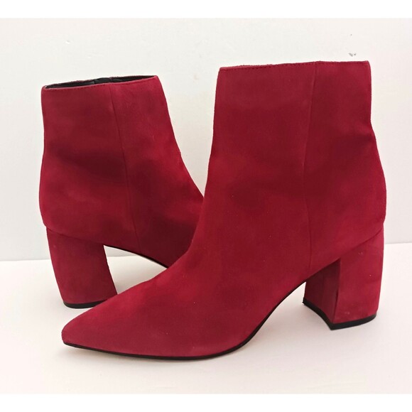Marc Fisher Red Suede Ankle Boot Block Heel Point Toe Side Zip 9M - Picture 1 of 11